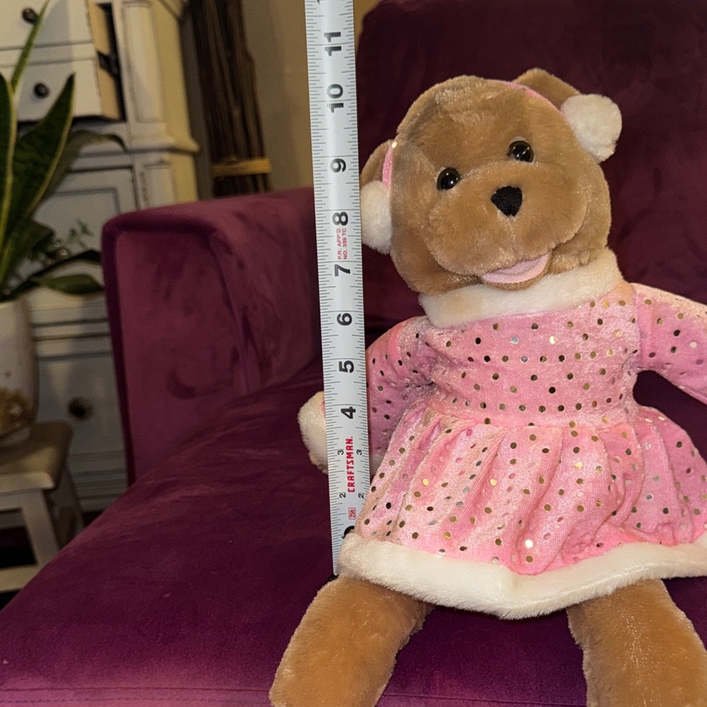 Kids Brown Teddy Bear Pink Dress Silver Polka Dots White Fur Trim in Ice Skates - Picture 9 of 10